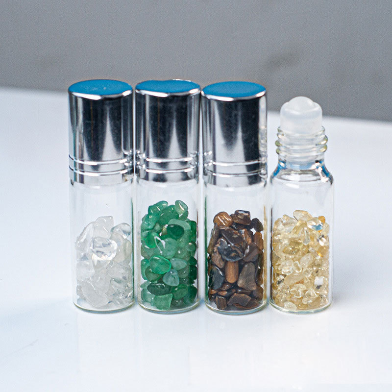 Gems 10 ml Roller Balls for Essential Oils Small Glass Roller Bottles with Decorative Tops  Mini Tumbled Crystals Chips Inside