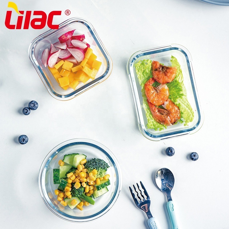 Lilac BSCI SGS LFGB 550ml 800ml 1000ml lunch box heat resistant temperature glass lock container