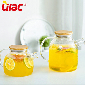 Lilac BSCI SGS LFGB 1000ml 1800ml tea pot lifting handle clear glass teapot with bamboo lid