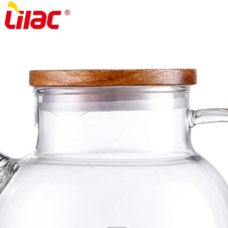 Lilac BSCI SGS LFGB custom wooden lid direct heating stovetop fire resistant tea pot set borosilicate glass teapot with filter