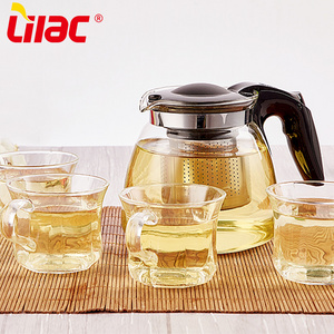 Lilac BSCI SGS LFGB 900ml 1500ml wholesale factory made big volume stainless steel tea infuser vintage glass tea pot and cup set