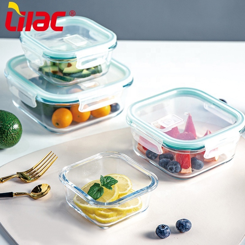 Lilac BSCI SGS LFGB 550ml 800ml 1000ml lunch box heat resistant temperature glass lock container