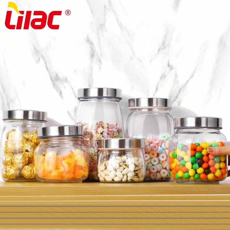 Lilac BSCI SGS LFGB 550ml 800ml 1000ml 1500ml kitchen square round small large storage glass jar with Stainless steel lids