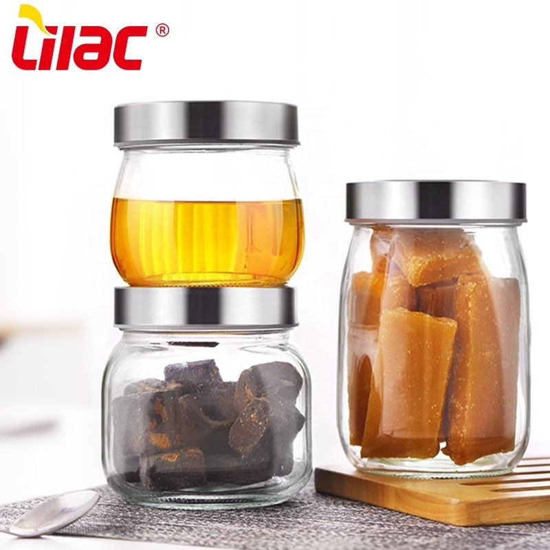 Lilac BSCI SGS LFGB 550ml 800ml 1000ml 1500ml kitchen square round small large storage glass jar with Stainless steel lids