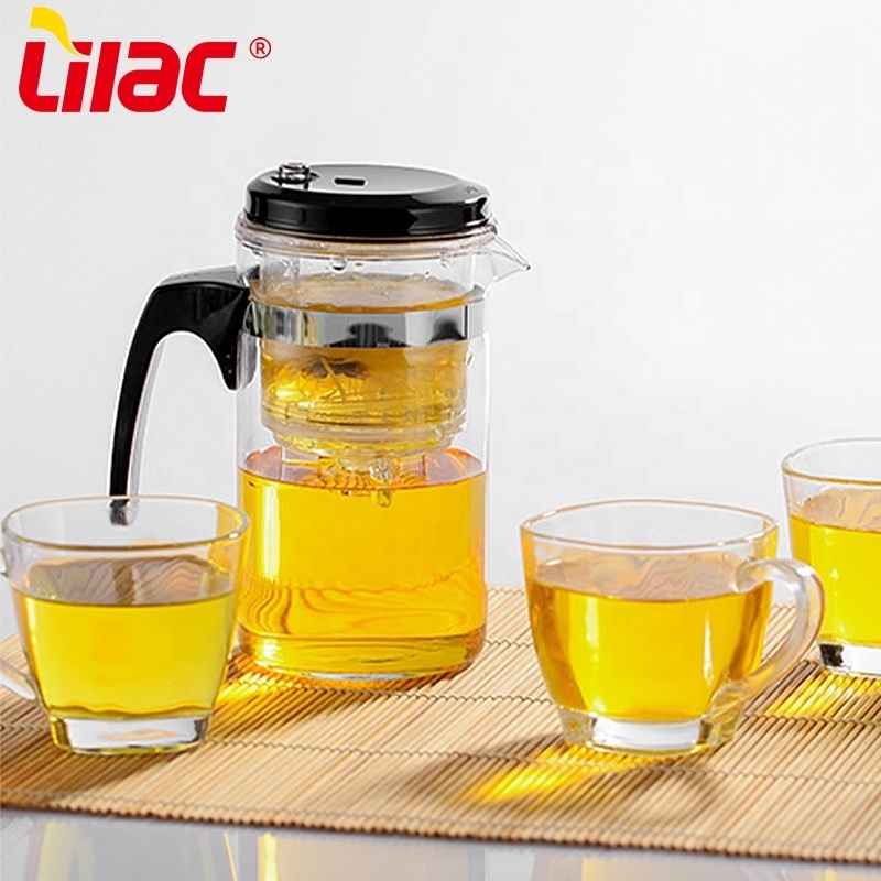 Lilac BSCI SGS LFGB 500ml button press glass tea pot tetera black color set cup tea transparente glass teapot