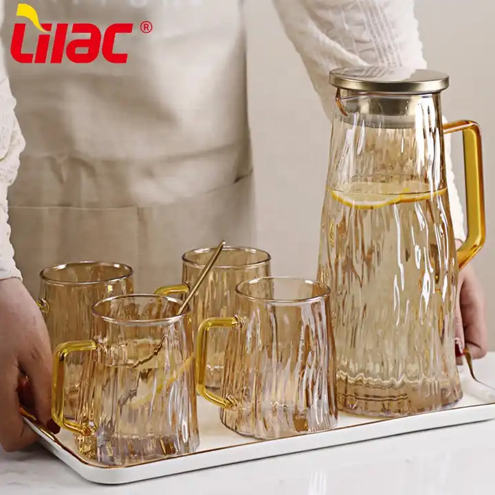 Lilac BSCI SGS LFGB 1800ml high borosilicate glass stripe style premium glass fruit infuser water pitcher golden glass jug set