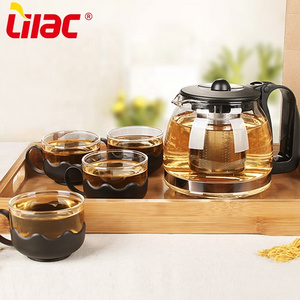 Lilac BSCI SGS LFGB 700ml + 150ml*4PCS removeable filter garafe teiera brewer glass tea pot with cup