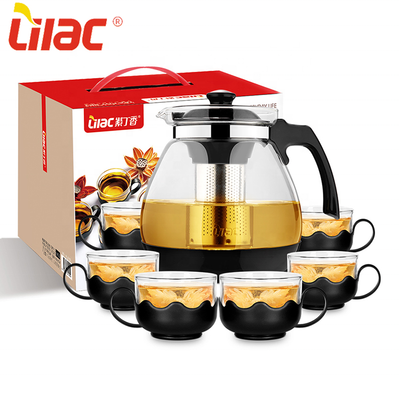 Lilac BSCI SGS LFGB 2300ml+150ml*6 glass coffee tea pot set with stainless steel infuser for restaurants