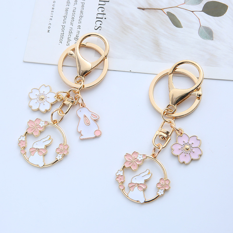 Wholesale Custom Fashion Cute Animal Metal Enamel Key Ring Key Chain Keyring Holder Bow Tie Pink Flower Cat Rabbit Keychain