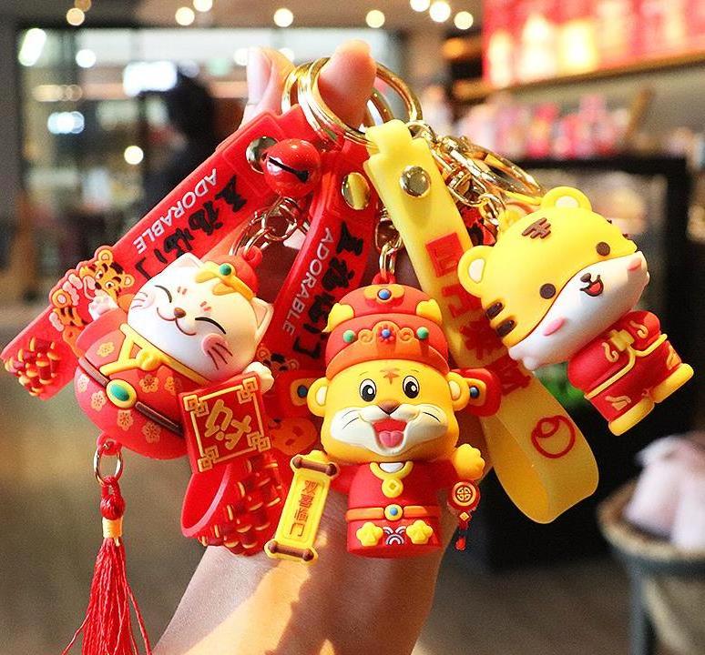 Lilangda 2022 Newest Happy New Year Gifts Tang Suit Cute Cartoon 3D Tiger Dolls PVC Rubber Lucky Cat maneki Neko Keychain