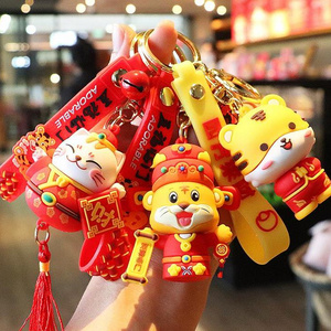 Lilangda 2022 Newest Happy New Year Gifts Tang Suit Cute Cartoon 3D Tiger Dolls PVC Rubber Lucky Cat maneki Neko Keychain