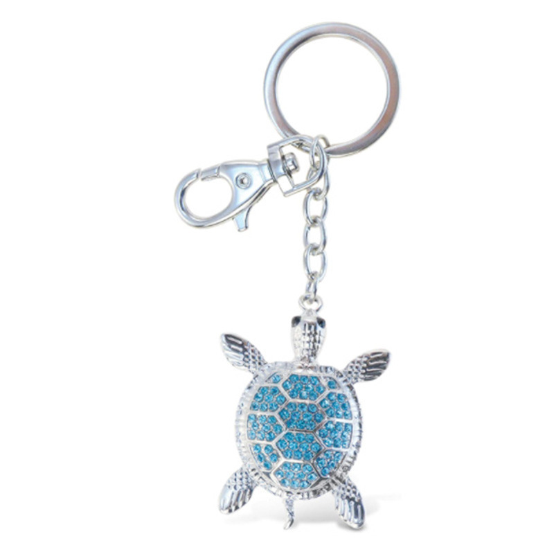 Lilangda  Silver 3D Sparkling Charm Rhinestones Fashionable Stylish Metal Alloy Durable Key Ring Bling Blue Sea Turtle Keychain