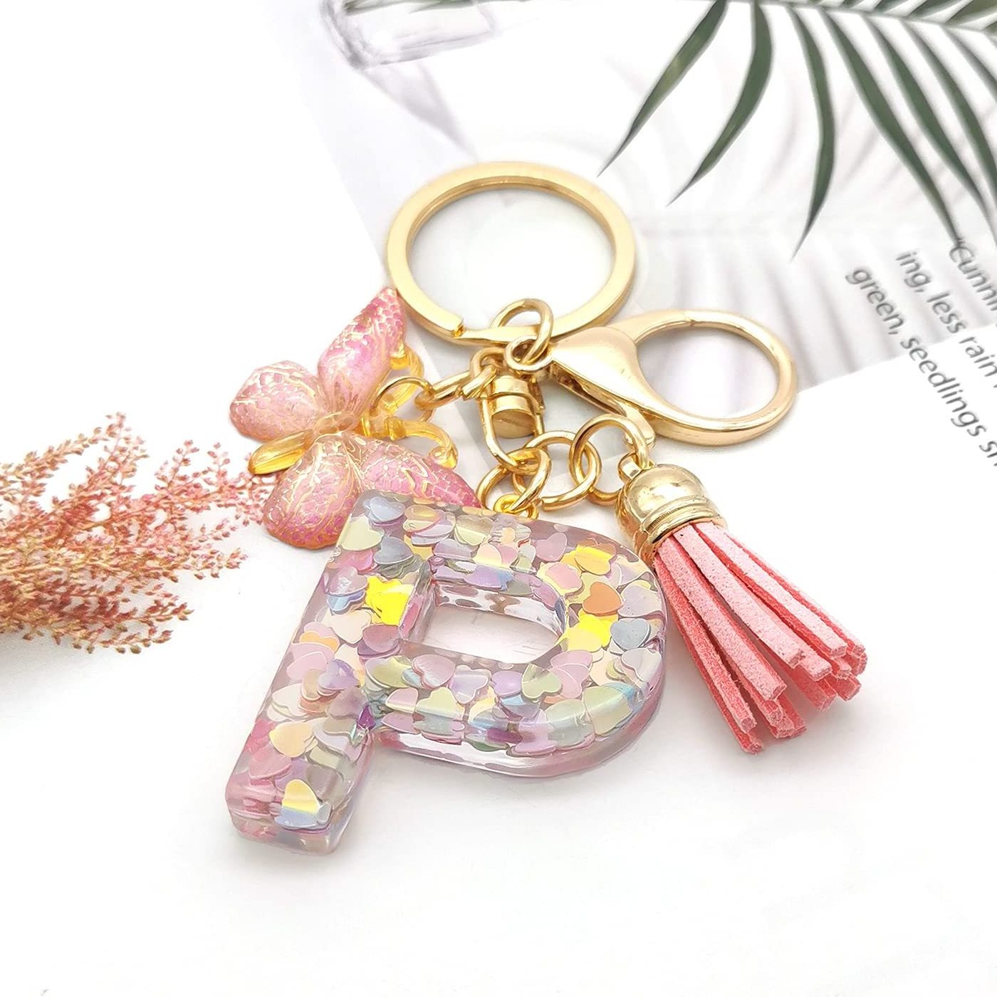 Alphabet Initial Letter Keychain Tassel Butterfly Pendant Key Ring llaveros for Handbags Women Resin Alphabet Letter Keychains