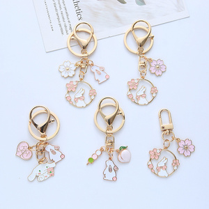 Wholesale Custom Fashion Cute Animal Metal Enamel Key Ring Key Chain Keyring Holder Bow Tie Pink Flower Cat Rabbit Keychain