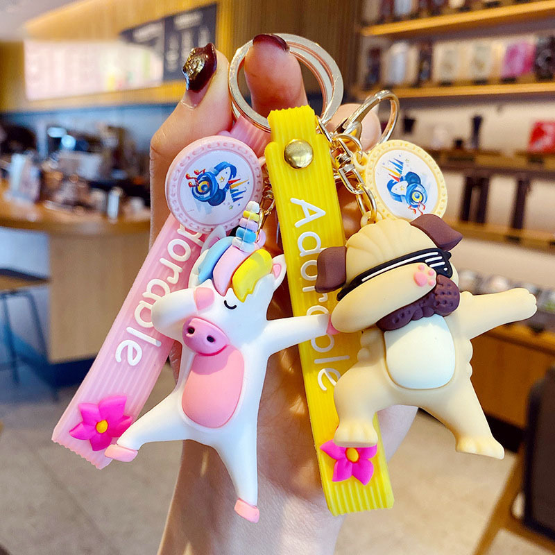 Lilangda Creative Funny Dancing Dog Keychain Cute Covering Eyes Dance Unicorn Dog Keyring Backpack Pendant Car Key Chains Gifts