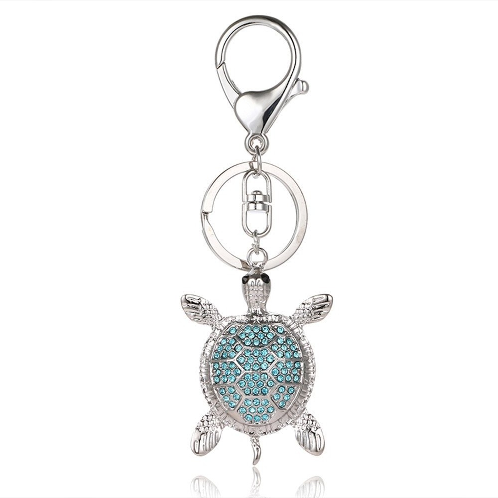 Lilangda  Silver 3D Sparkling Charm Rhinestones Fashionable Stylish Metal Alloy Durable Key Ring Bling Blue Sea Turtle Keychain