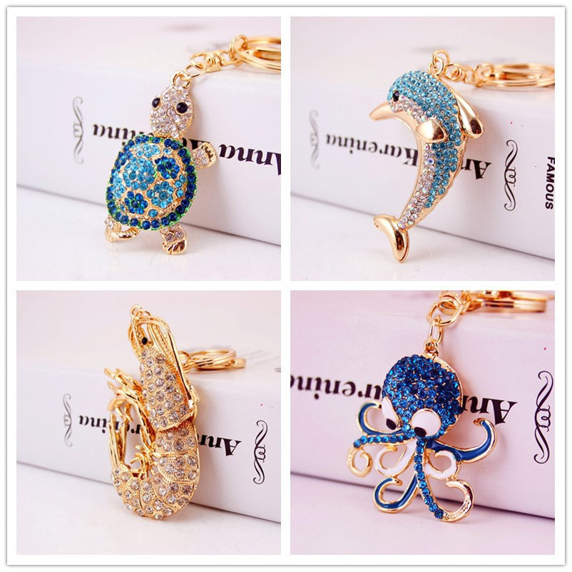 Fashion Women Bag Accessories Key Chain Animal Metal Pendant Cute Rhinestone Keychains Marine Series Small Turtle Car Keychain