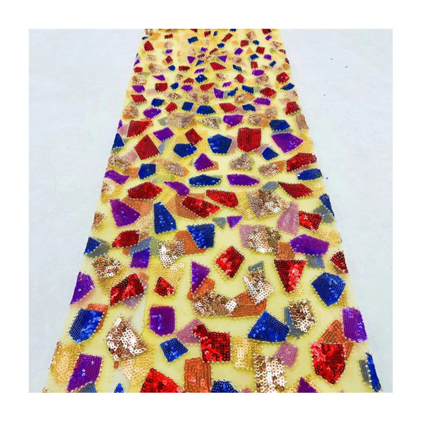 Latest 2023 yellow mesh polyester 3D flower flat embroidery fabrics for cloth dress