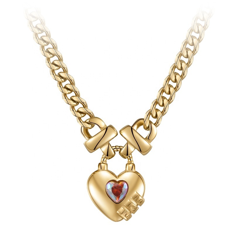 14K Gold Plated Stainless Steel Jewelry Thick Chain Heart Lock Pendant Accessories Necklaces P223300