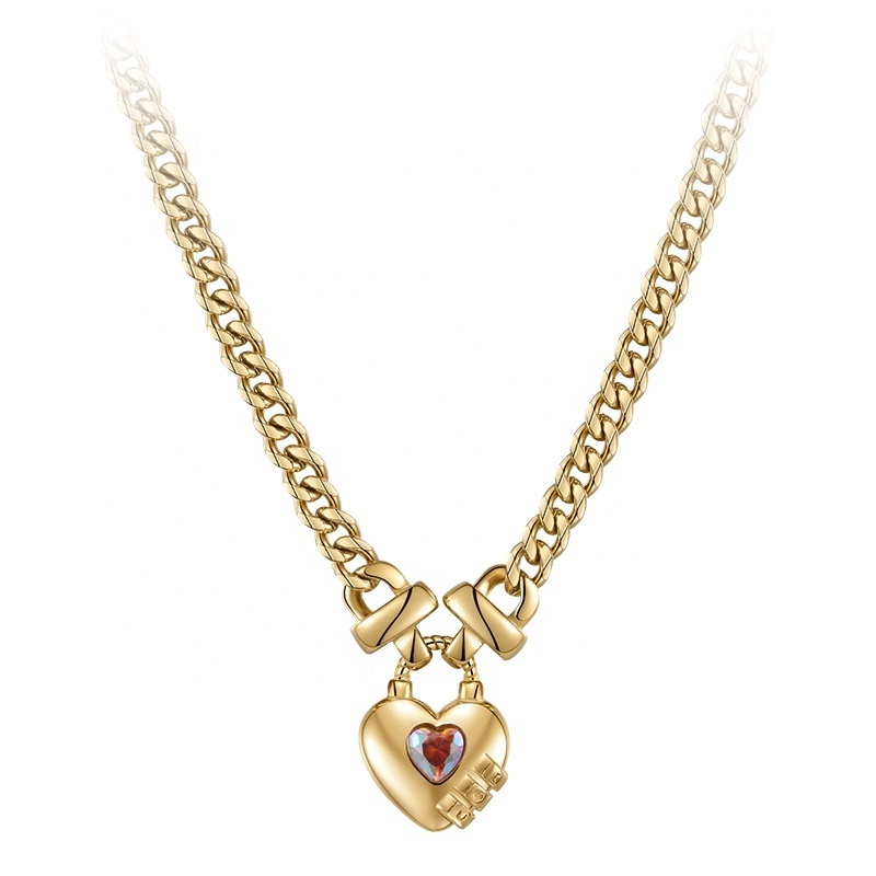 14K Gold Plated Stainless Steel Jewelry Thick Chain Heart Lock Pendant Accessories Necklaces P223300