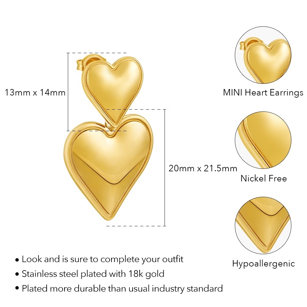 Latest 18K Gold Plated Stainless Steel Jewelry Double Love Heart Shaped Unique Drop Earrings For Women Gifts Earrings E231465