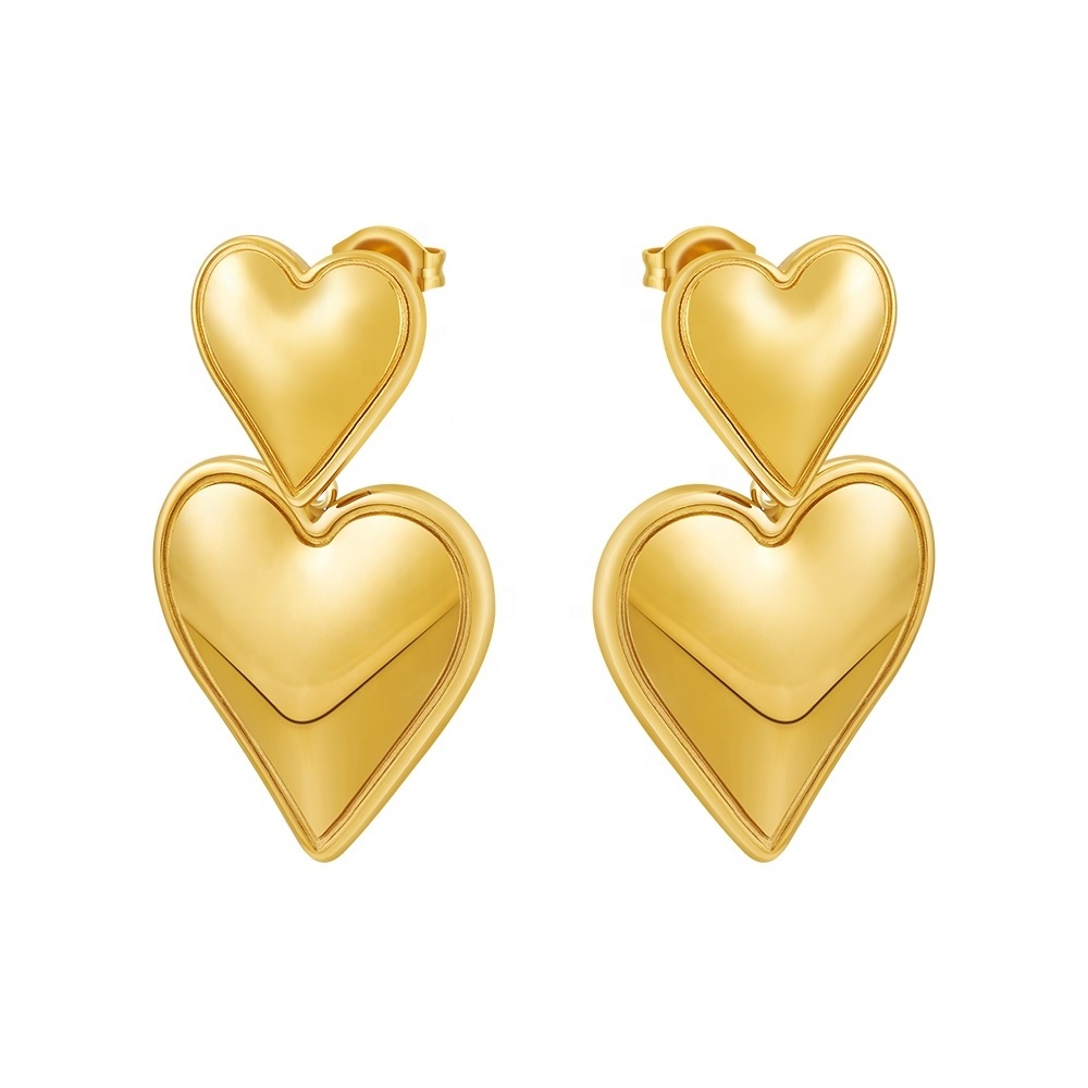 Latest 18K Gold Plated Stainless Steel Jewelry Double Love Heart Shaped Unique Drop Earrings For Women Gifts Earrings E231465