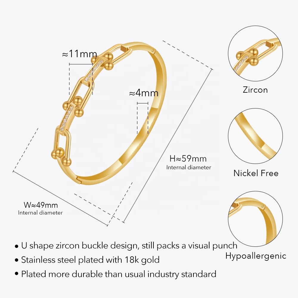 Latest 18K Gold Plated Stainless Steel Jewelry U Shaped Horseshoe Buckle Zircon Cuff Bangle Trendy For Women Bracelet B232379