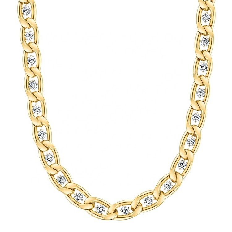 Fashion High Quality 18K Gold Plated Stainless Steel Jewelry Crystal Zircon Link Chain  Choker Necklace P213192