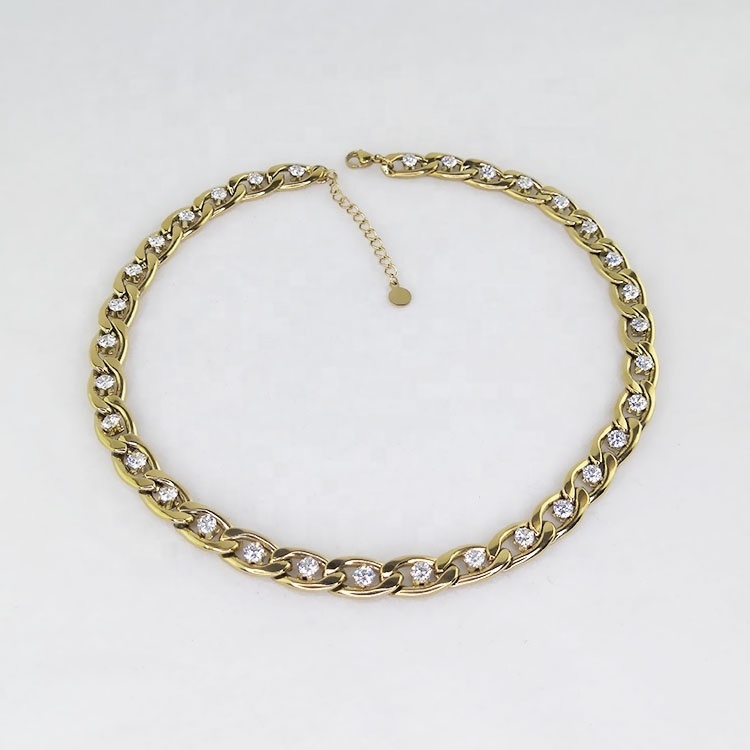 Fashion High Quality 18K Gold Plated Stainless Steel Jewelry Crystal Zircon Link Chain  Choker Necklace P213192