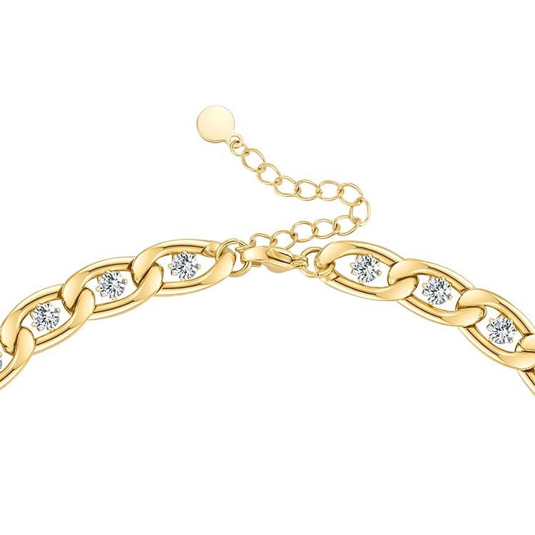 Fashion High Quality 18K Gold Plated Stainless Steel Jewelry Crystal Zircon Link Chain  Choker Necklace P213192