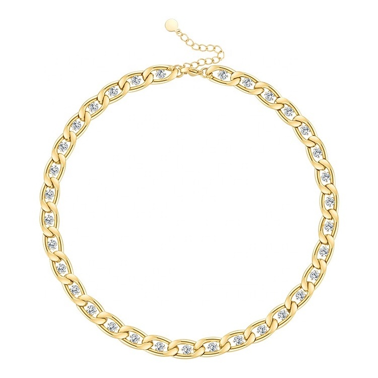 Fashion High Quality 18K Gold Plated Stainless Steel Jewelry Crystal Zircon Link Chain  Choker Necklace P213192