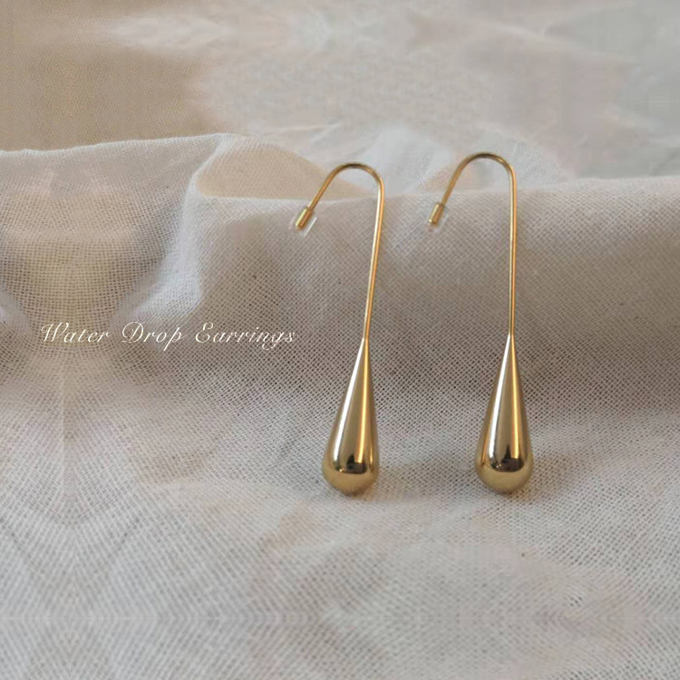 High Quality 18K Gold Plated Stainless Steel Jewelry Water Drop Shape Dangle Earrings E5313-G-2