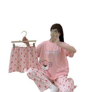 Wholesale cheap girl cartoon animal printed pajamas Summer loungewear woman three piece sets pijamas mujer ladies sleepwear