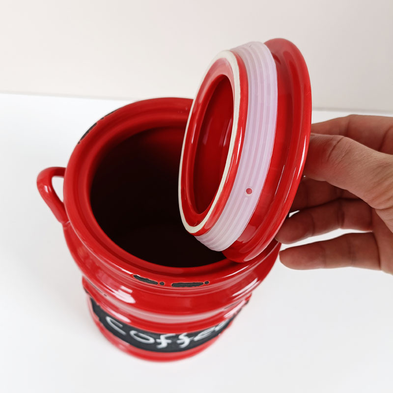 red custom creative ceramic storage tea coffee sugar kitchen canister set with rubber seals