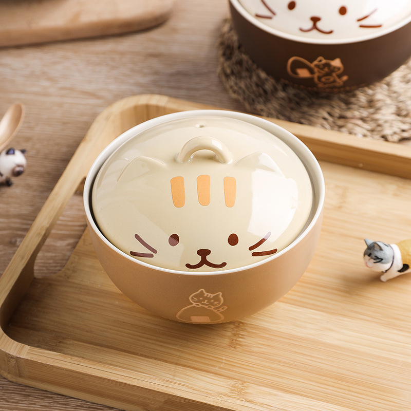 550ml cute cartoon handpainted emboss cat kitchen rice soup noodle cereal ceramic bowl with lid and chopsticks