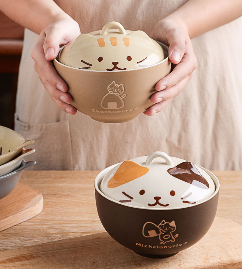 550ml cute cartoon handpainted emboss cat kitchen rice soup noodle cereal ceramic bowl with lid and chopsticks