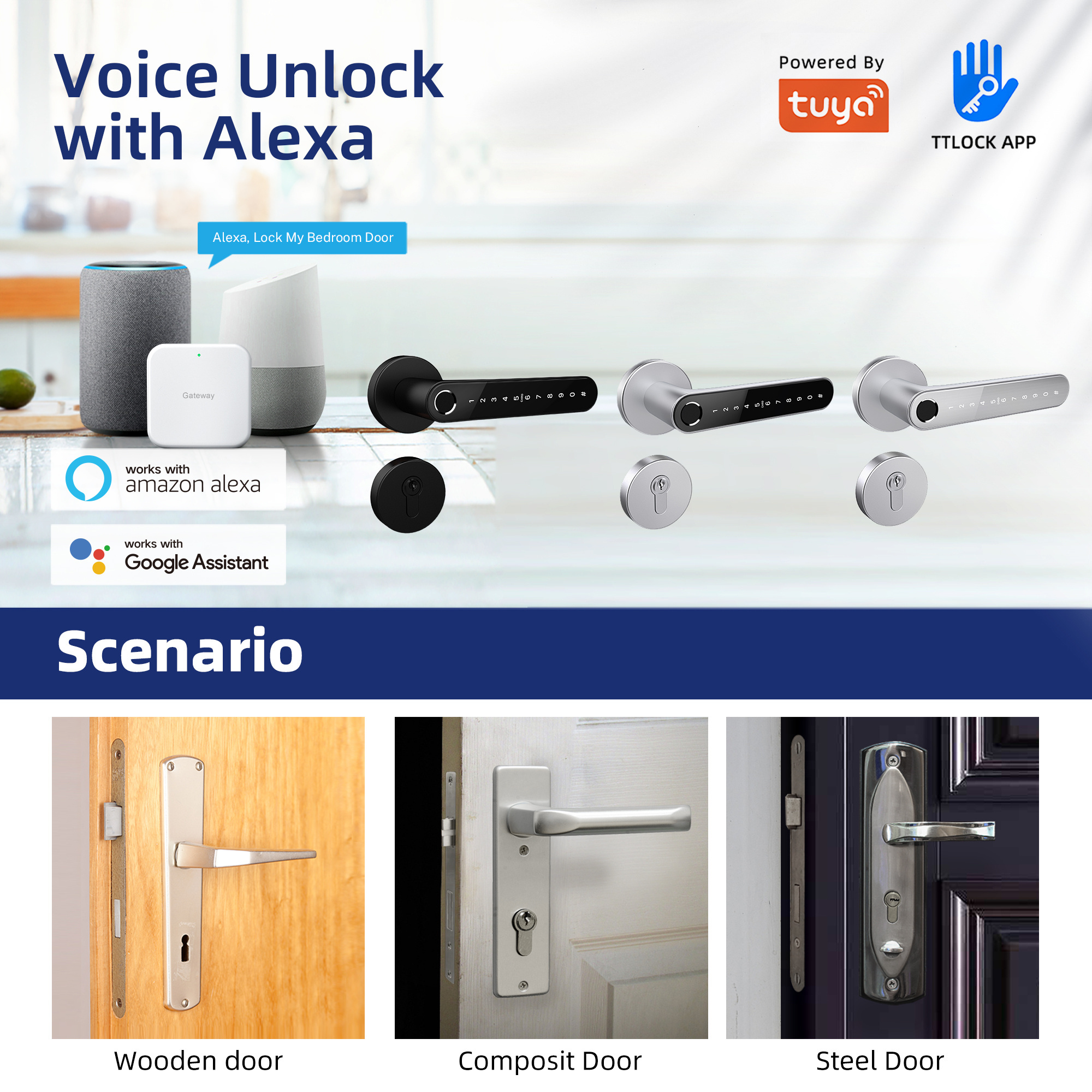 Liliwise Tuya TTLOCK Intelligent Biometric Lock Smart Handle Lock Fingerprint PIN Code Lock with European Cylinder with Rosette