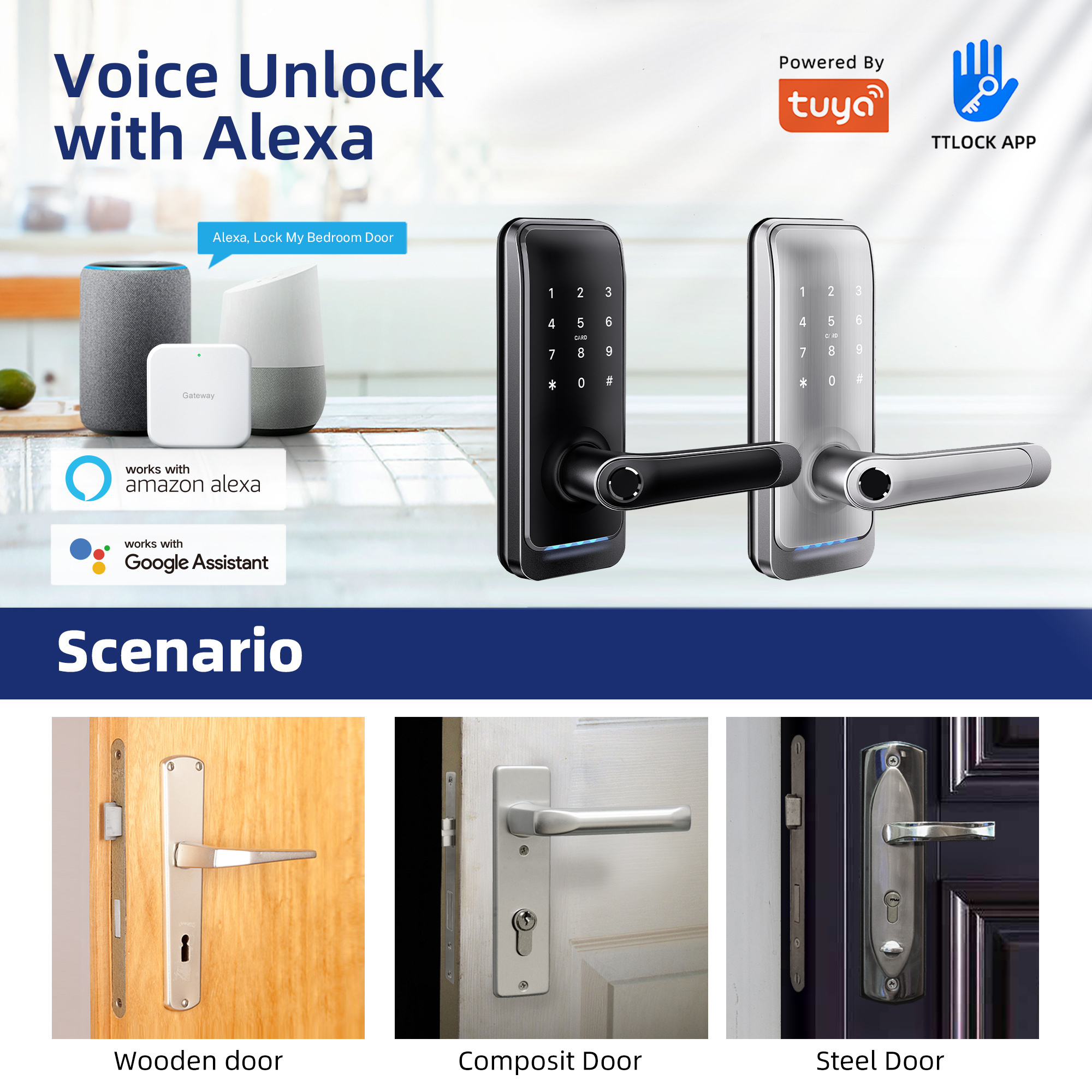 Liliwise Tuya TTLock WiFi Electronic Digital Keyless High Security Waterproof Smart Door Lock For Home Airbnb Apartment Project