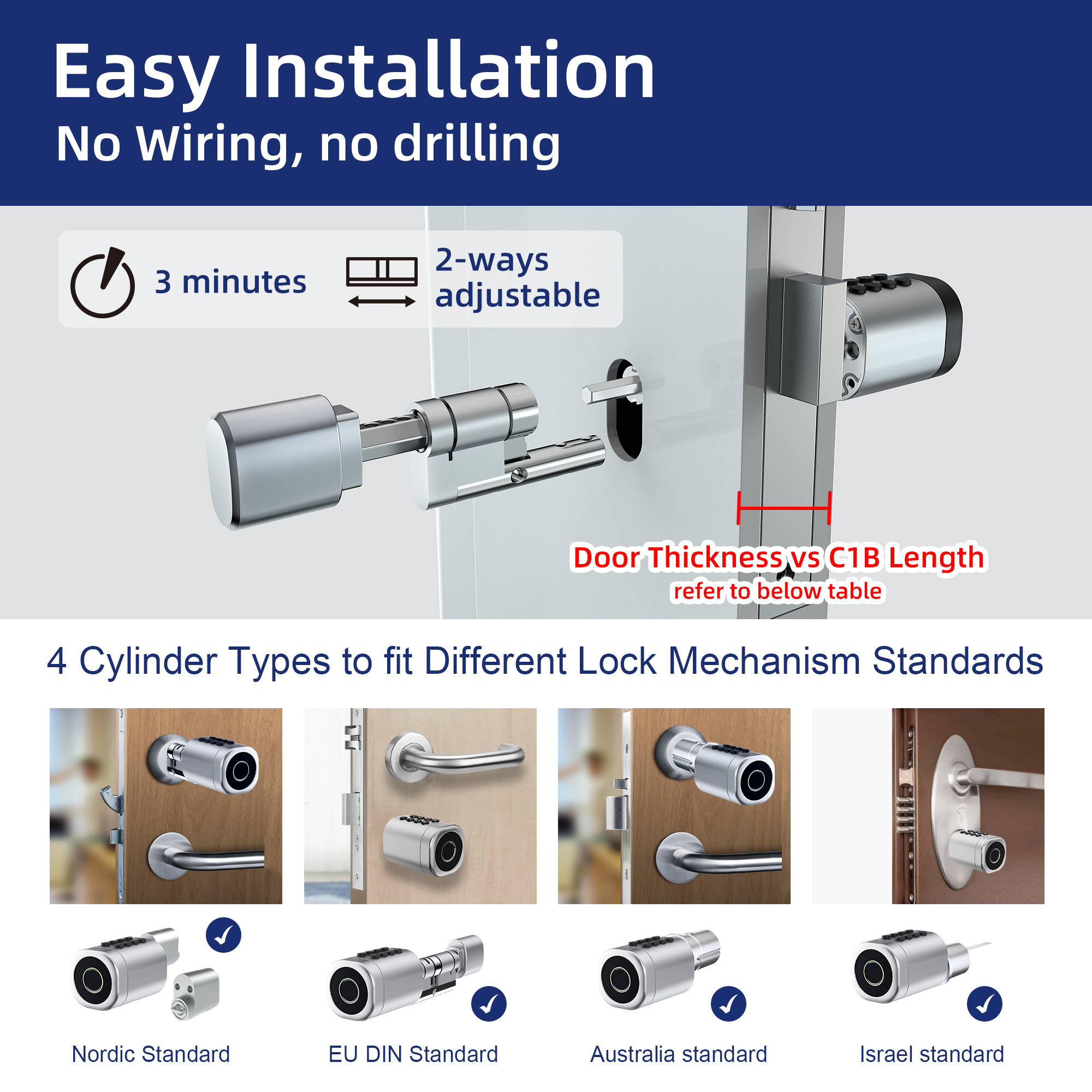 Liliwise Waterproof Tuya APP Remote Unlock Digital Biometric Adjustable Smart Door Lock Cylinder Lock Elektronisches Turschloss