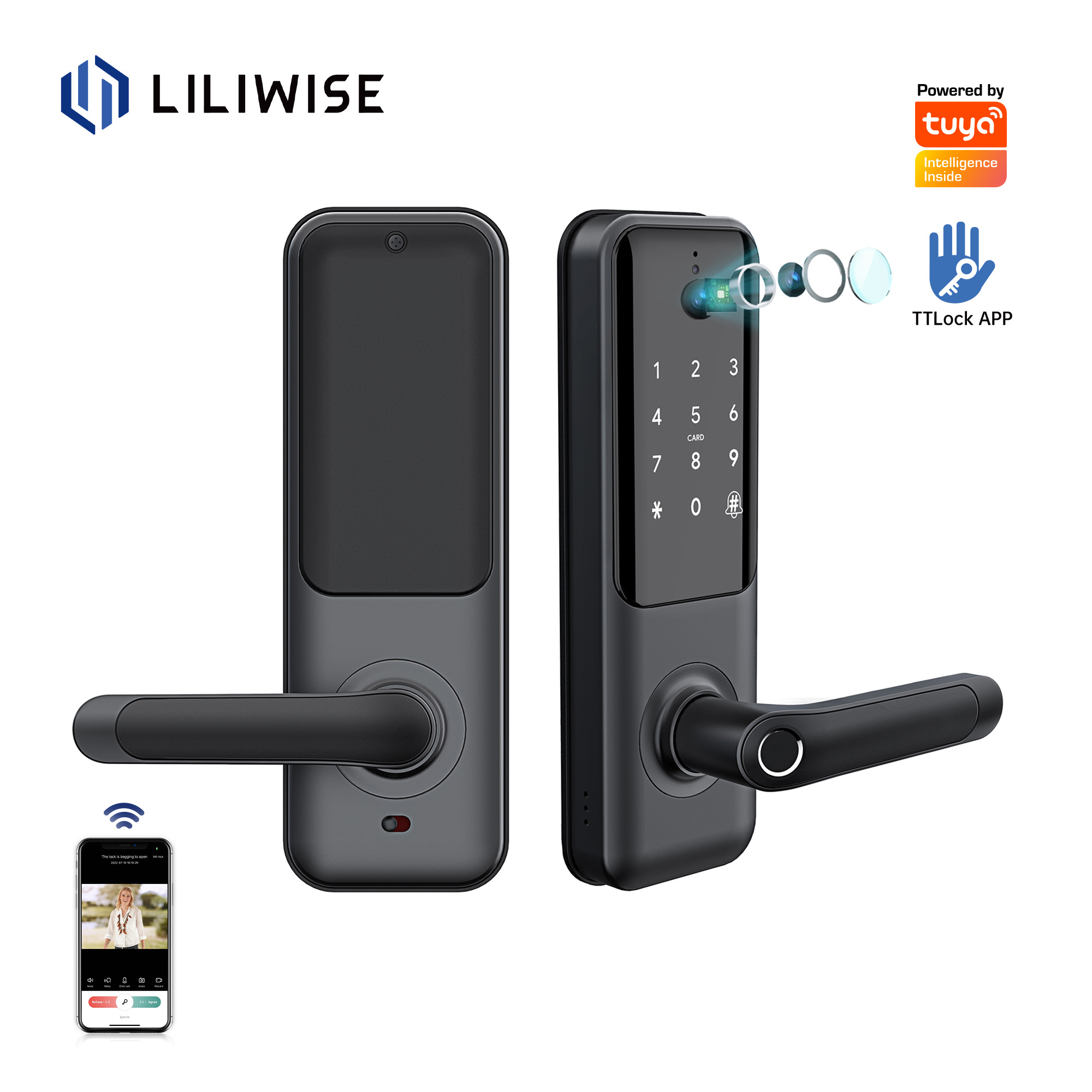 Liliwise Ttlock Tuya WIFI BLE Wireless Door Lock Waterproof Handle Fingerprint Electric Safe Smart Digital Door Lock