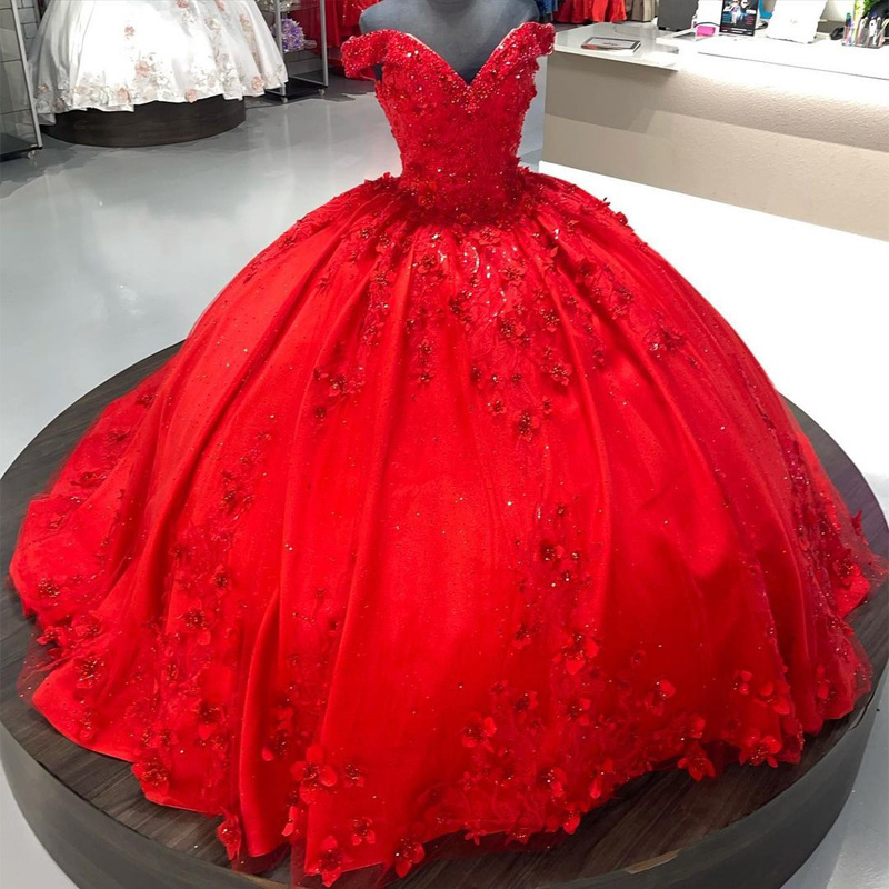 QD1614 Red Sweetheart Quinceanera Dress Glittering Lace Beading For 15 Party Formal Dress Ball Gown 16 Birthday Princess Gown