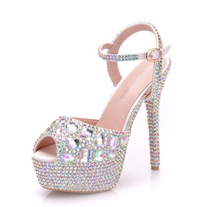 LS101 New Rhinestone Women's Wedding Shoes Fine Heel Round Head Waterproof Platform High Heels Banquet Fish Mouth Female Sandals