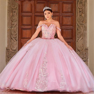 QD1555 pink Quinceanera Dress Ruffles Ball Gown sweetheart Lace Applique Kaftan Caftan Arabic Prom Gowns Quinceanera gowns