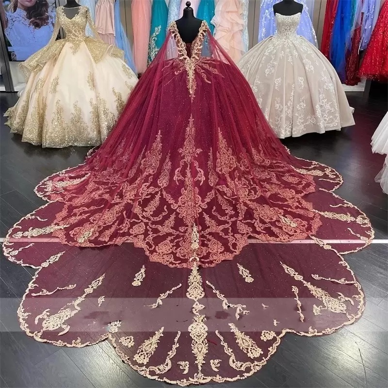 QD1608 Luxury Burgundy Sequins Sweet 16 Quinceanera Dress 2023 With Detached Cape Beads Appliques lace-up corset prom Vestidos