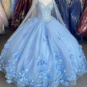 QD1579 Light Sky Blue Quinceanera Dresses With Cape 2023 Sequins Beads 3D Flowers Backless Princess Sweet 16 Gown Vestidos