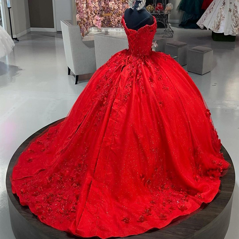 QD1614 Red Sweetheart Quinceanera Dress Glittering Lace Beading For 15 Party Formal Dress Ball Gown 16 Birthday Princess Gown