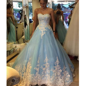 FA13 Robe De Mariage Ball Gown Blue Wedding Dress With White Appliques Plus Size Vintage Lace Bridal Dresses Vestidos De Novia