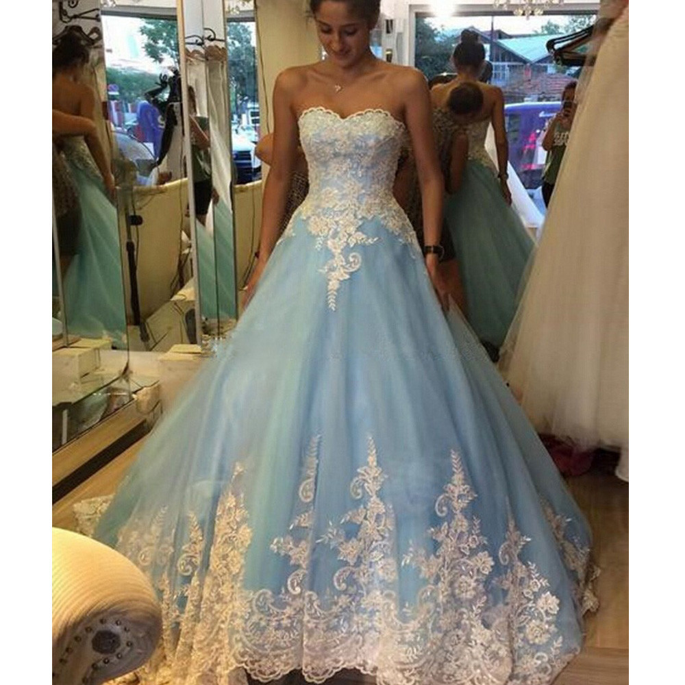 FA13 Robe De Mariage Ball Gown Blue Wedding Dress With White Appliques Plus Size Vintage Lace Bridal Dresses Vestidos De Novia BestSuppliers