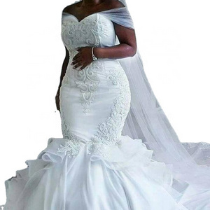 FA104  Elegant Satin Vintage Mermaid Wedding Dress with long wrap Pure White Lace Embroidery African Mermaid Wedding Gown