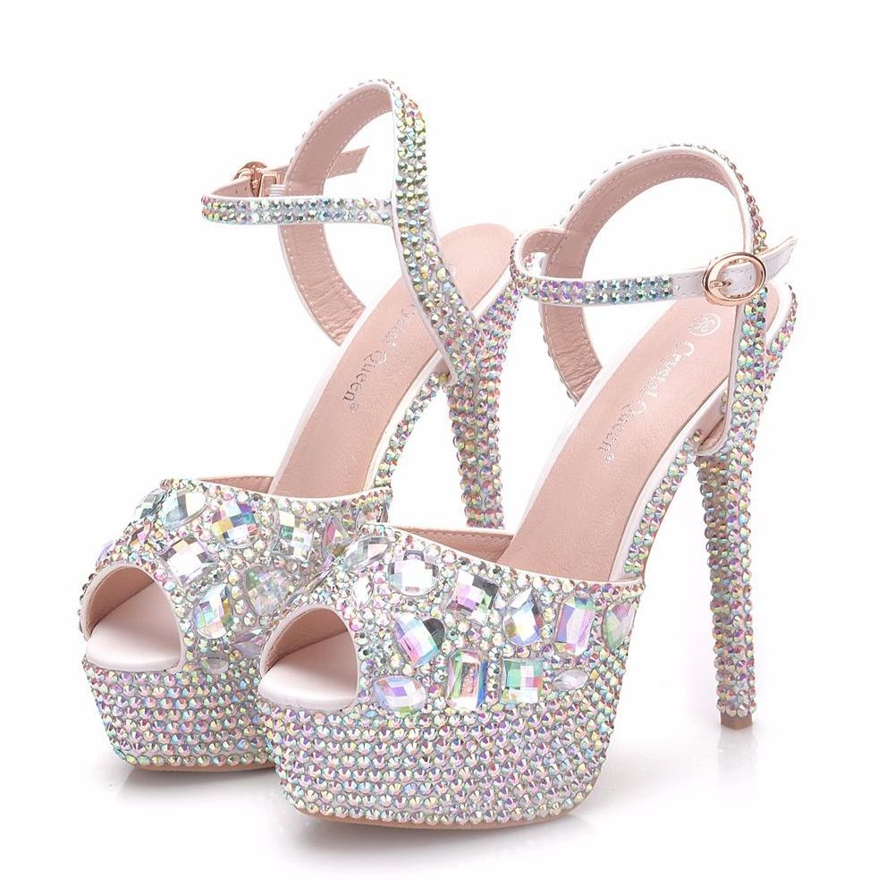 LS101 New Rhinestone Women's Wedding Shoes Fine Heel Round Head Waterproof Platform High Heels Banquet Fish Mouth Female Sandals